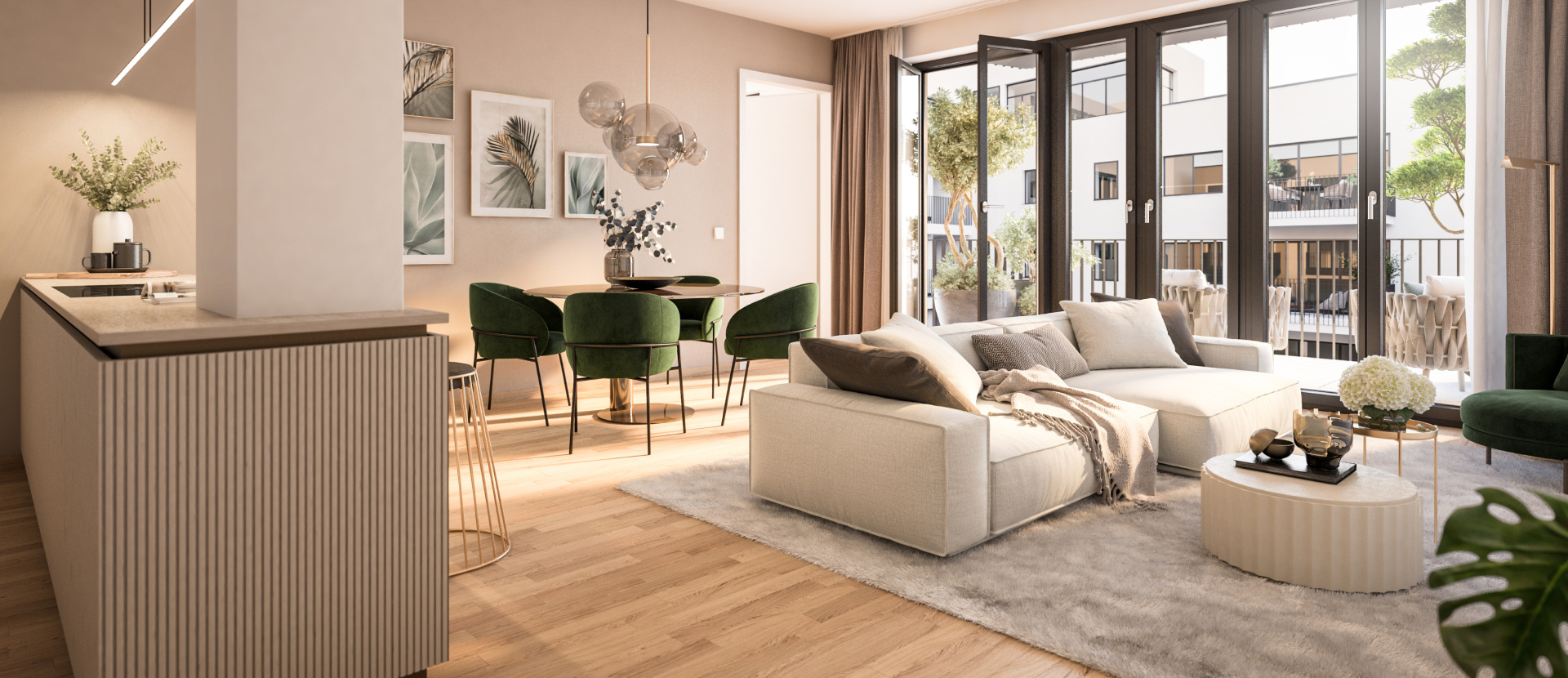 Visualisierung eines Wohnzimmers mit offener Küche