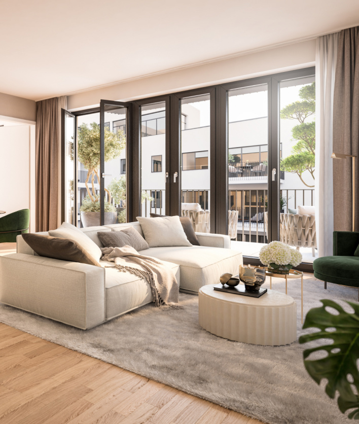 Visualisierung eines Wohnzimmers mit Terrasse