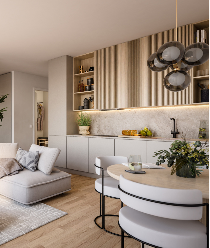 Visualisierung eines Wohnzimmers mit offener Küche
